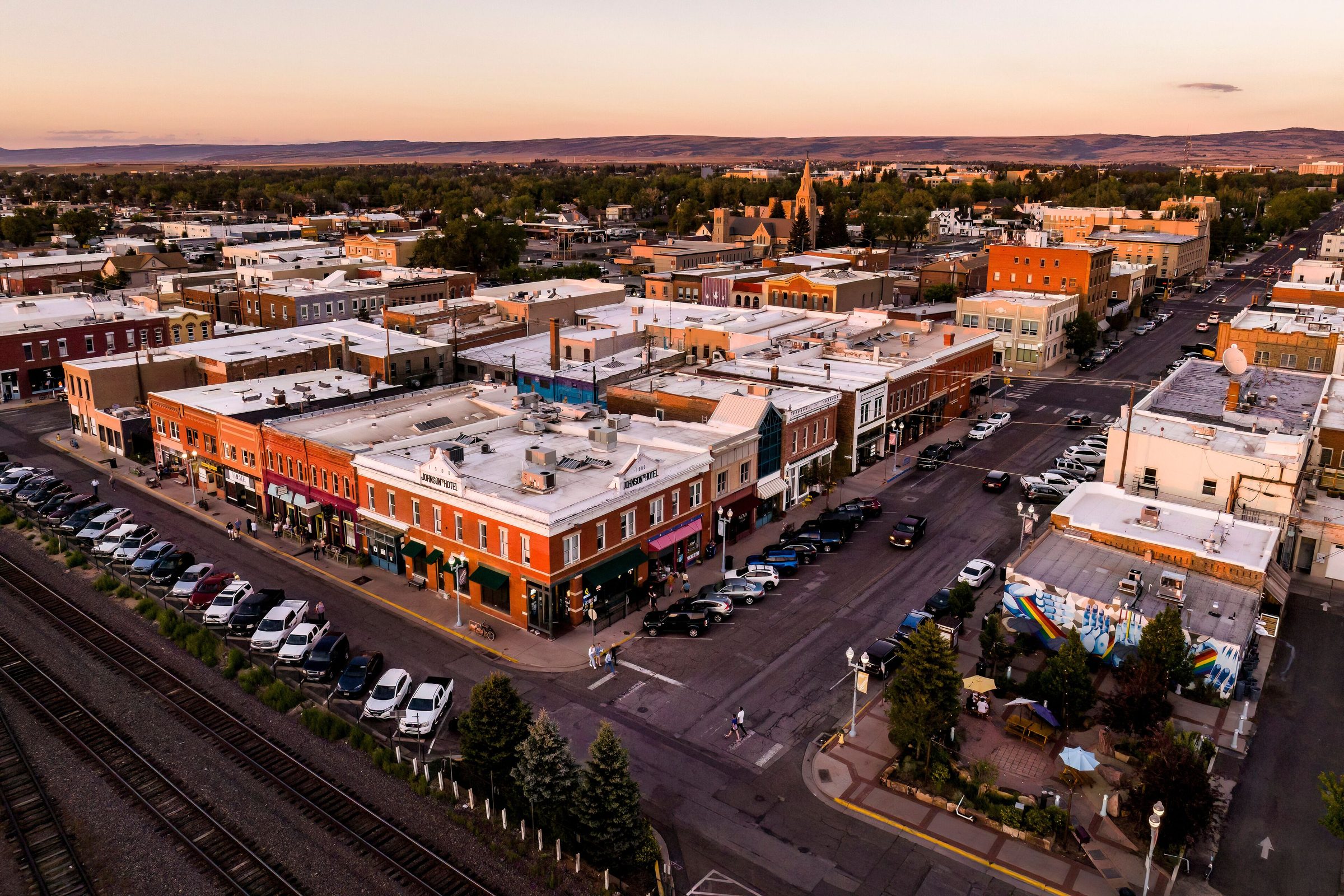 Aerial view of historic downtown Laramie, Wyoming at sunset