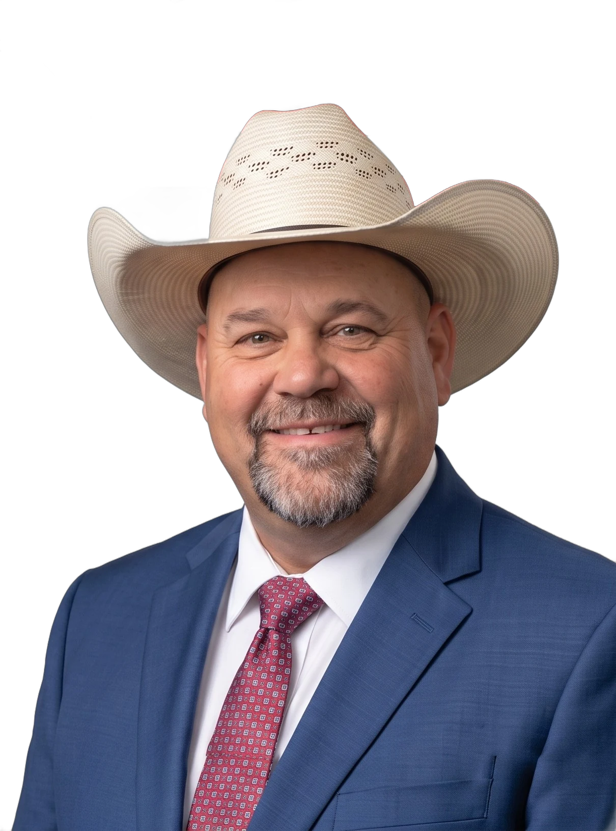 Shane Swett, Republican candidate for Wyoming State Representative District 13, smiling in a white cowboy hat, navy suit and red tie